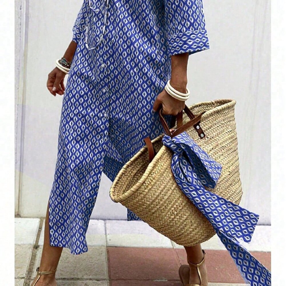 Blue Casual Women's Hem Short Sleeve Shirt Drop Shoulder Dress - Picture 3 of 6